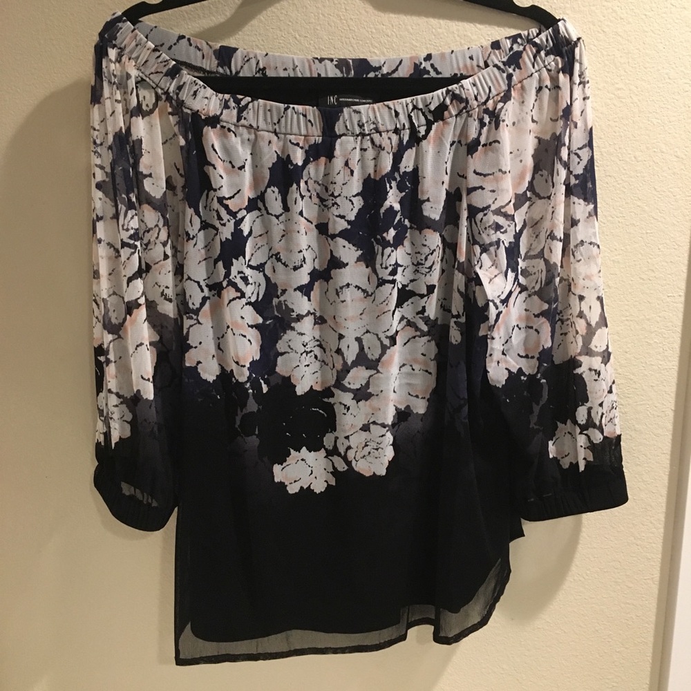 INC Navy/white pink floral sheer 3/4 sleeve, L